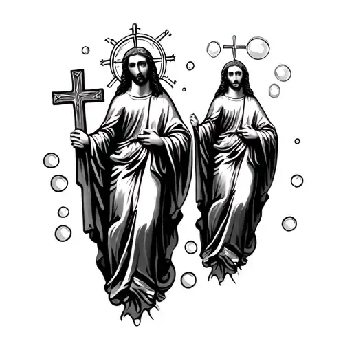 3 crosses Jesus Virgin Mary and saint Jude with outline bubbles and shading  tattoo design idea