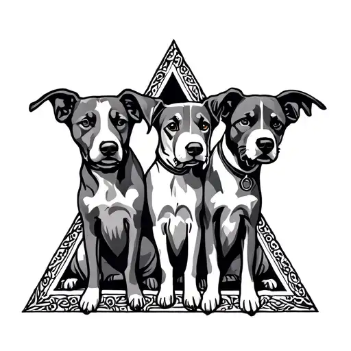3 dogs and triangle outline intertwined tattoo design idea