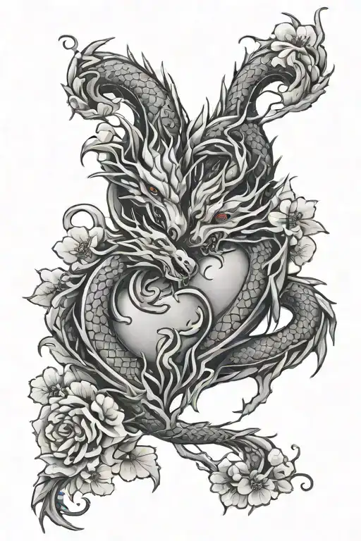 two dragon heart intertwined with sakura flowers tattoo design idea