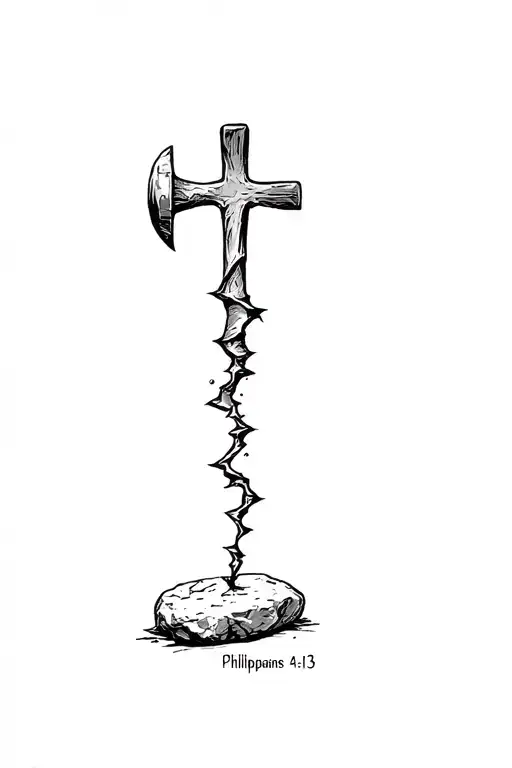 stone being pounded with old hammer and a small crack, cross, philippians 4:13 tattoo design idea