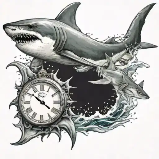 hammer head shark and great white shark fighting around clock tattoo design idea