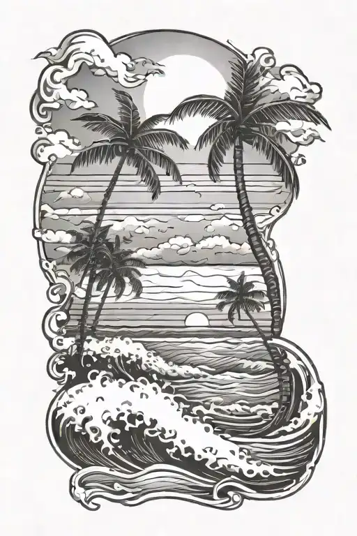 beach with palm trees ocean waves beach sunset tattoo design idea