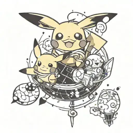 pikachu and pichu and satellite orbit traced tattoo design idea