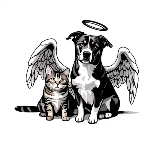 large dog sitting with halo and an angel wing with a tabby cat sitting with a halo and angel wing tattoo design idea