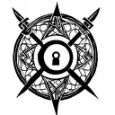 symbol for a thieves' guild tattoo, only black and white, circle shape. minimalistic, use lock and key or daggers. tattoo design idea