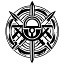 symbol for a thieves' guild tattoo, only black and white, circle shape. minimalistic, use lock and key or daggers. tattoo design idea