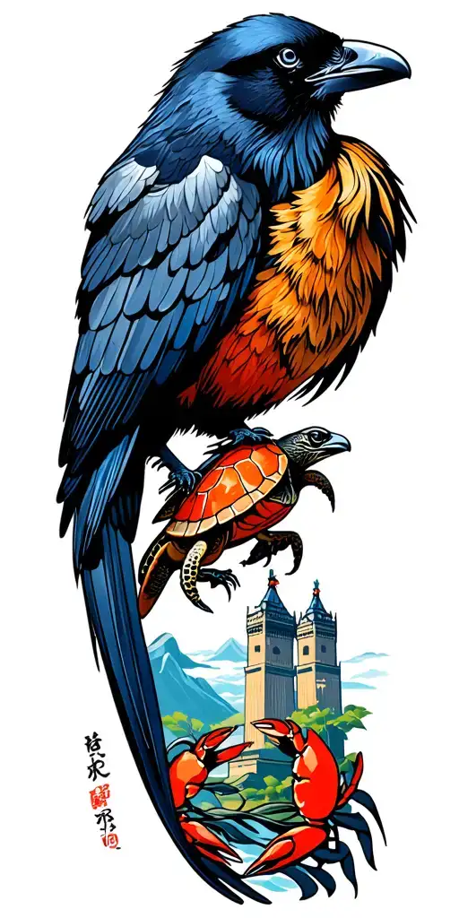 Full sleeve arm tattoo that has a Raven, Oriole bird, Terrapin Turtle, Bromo Seltzer Arts Tower, blue crab and maryland  tattoo design idea