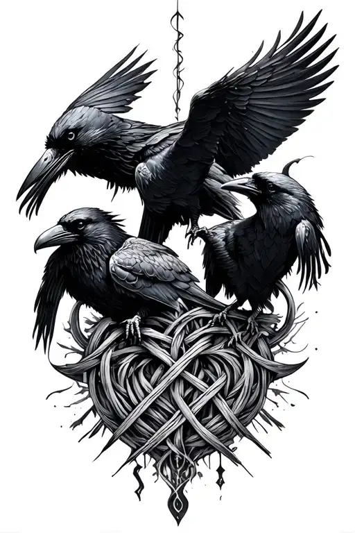 love bindrune with Odins ravens and woven fate tattoo design idea