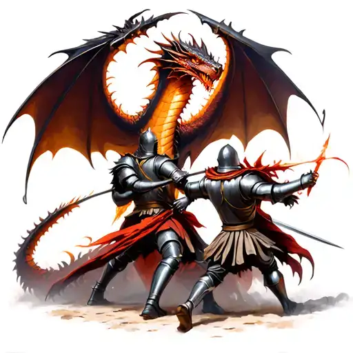 two knights fighting each other with a demonic dragon in the background  tattoo design idea