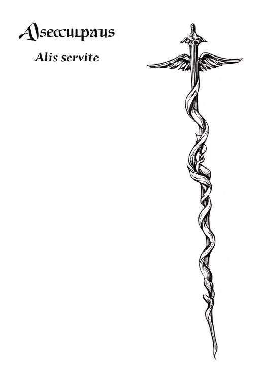 Staff of Aesculapius rod with the words Aliis servite tattoo design idea