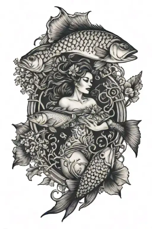An intricate underwater marine life sleeve tattoo featuring fish, coral, and a woman swimming tattoo design idea