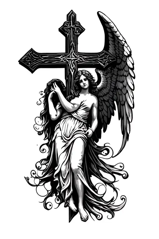 Cross and angel with wings tattoo design idea