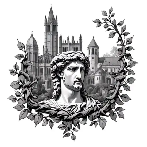 Greek god with vines around it and english heritage landmarks tattoo design idea