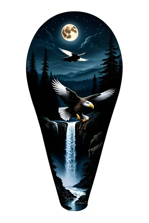 forest with a waterfall in the middle and a bald eagle flying with a moon in the background tattoo design idea
