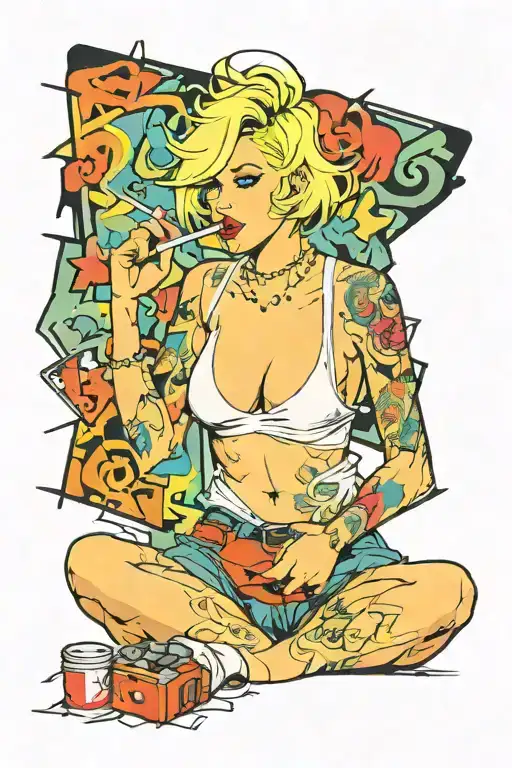 Sexy girl, Huge cleavage, petite, torn clothing, short white bob hairstyle, smoking a cigarette in mouth, thick thighs tattoo design idea