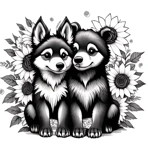  cute baby wolf and bear sitting with sunflowers and roses. black tattoo design idea