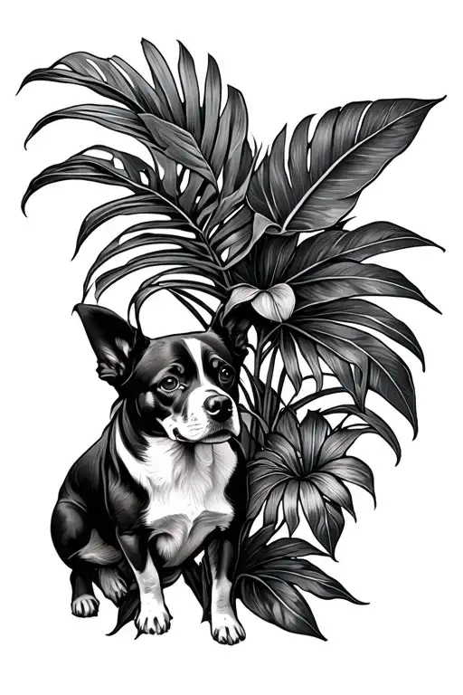 tropical plant with no Flowers and a dog in the center  tattoo design idea