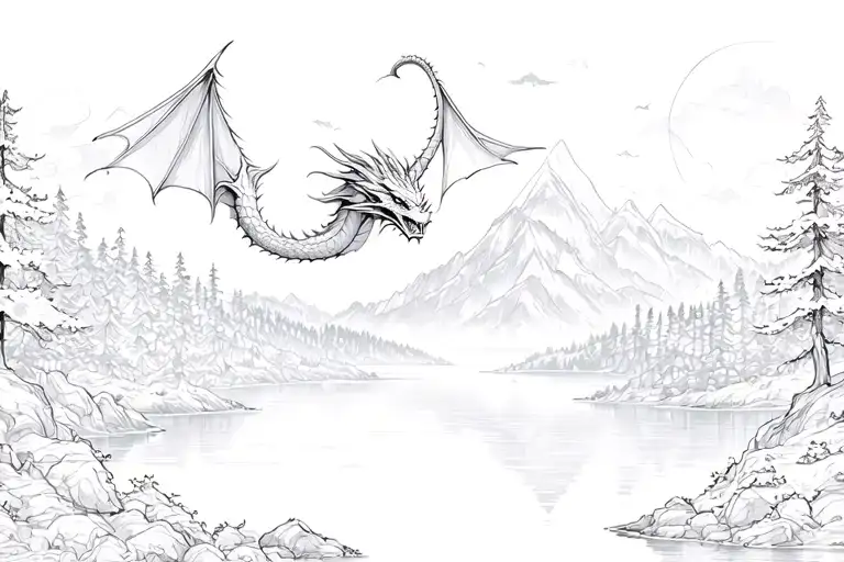 Mountains with lake and trees, a dragon in the sky, tattoo design idea