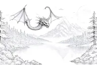 Mountains with lake and trees, a dragon in the sky, tattoo design idea