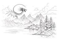 Mountains with lake and trees, a dragon in the sky, tattoo design idea