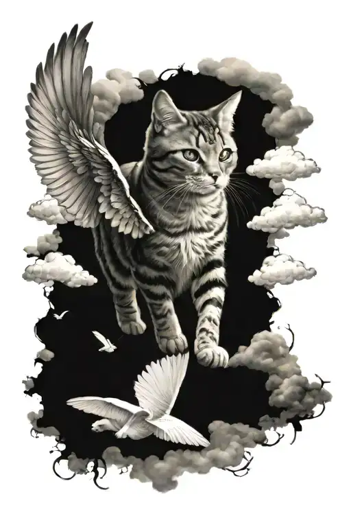 cat with wings walking on the rainbow bridge towards the clouds tattoo design idea