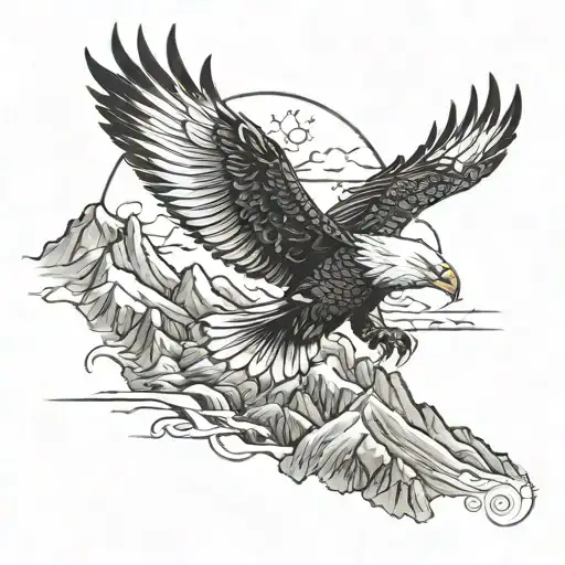 A majestic eagle soaring over a mountain range with a dragon tattoo design idea
