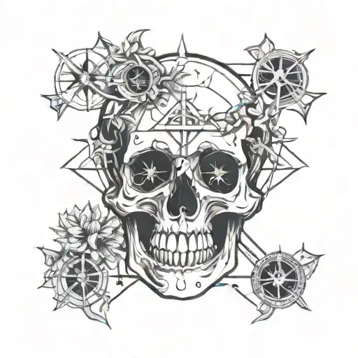 A skull adorned with Christian symbols and elements of time and space in a blackwork style tattoo design idea