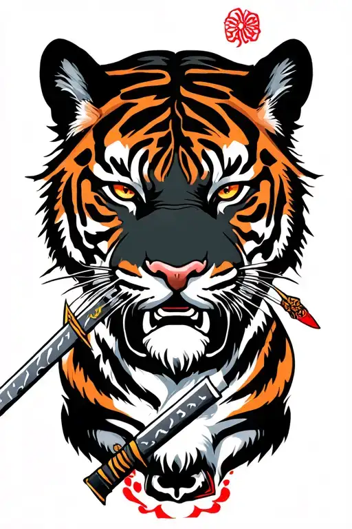 Tiger face with katana pointing and african spear pointing surrounded tattoo design idea