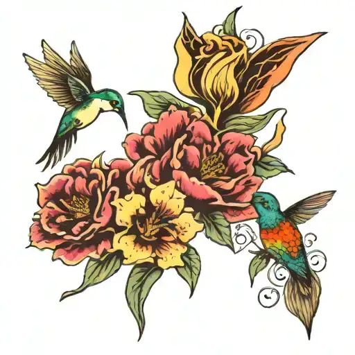 Matching tattoo for a mother and daughter with hearts, orchids, hummingbirds, peonies, Sagittarius and Aquarius, colorfu tattoo design idea