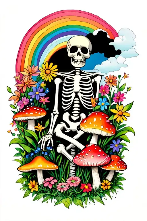 Skeleton gardener surrounded by flowers and mushrooms and rainbow tattoo design idea