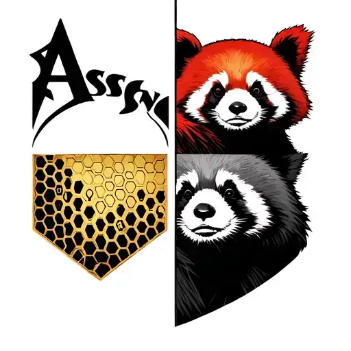 assassins creed logo with honeycomb on chest, transitioning to a red panda then starwars tattoo design idea