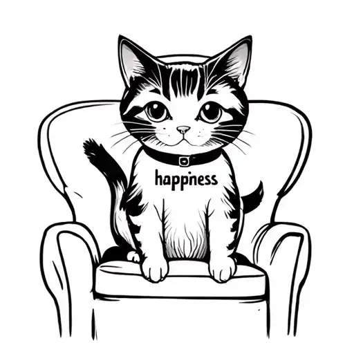 Draw a cute cat sitting on an armchair, and the cat with a collar that says "happiness", in the paws of the cat is a bot tattoo design idea