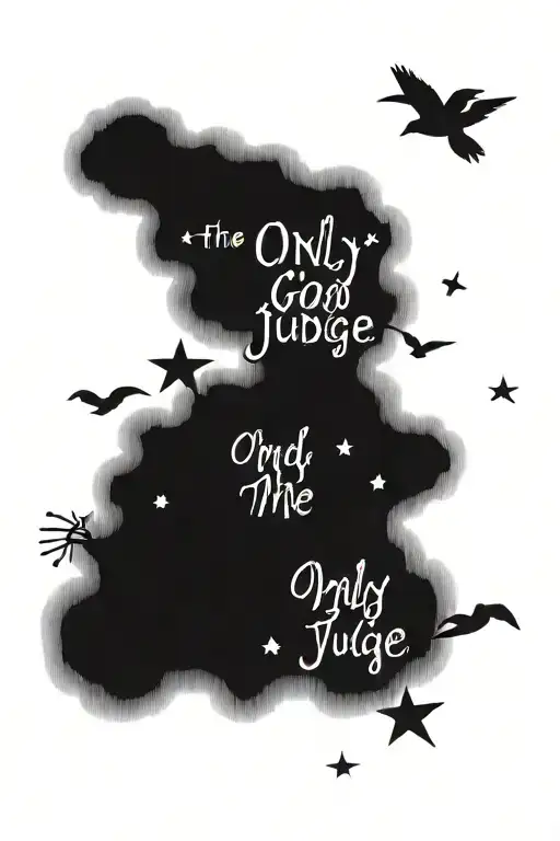The words "Only God Can Judge Me" with clouds floating, stars, and birds tattoo design idea