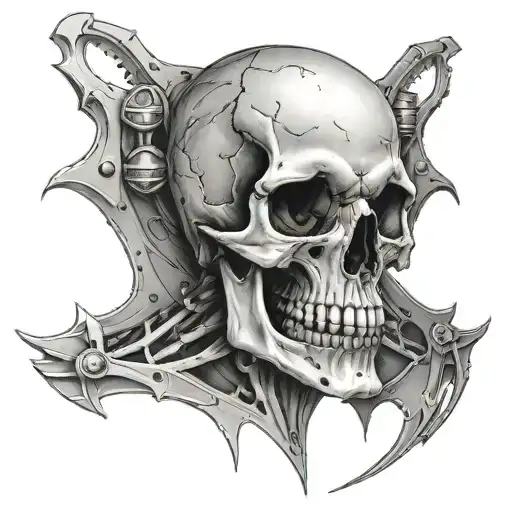 skull on chest and arm biomechanics tattoo design idea