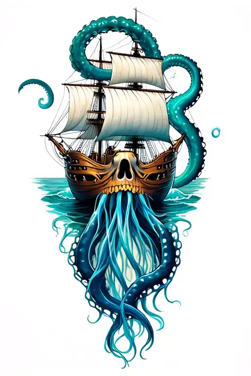Kraken with Blackbeard's Ship and Jellyfish tattoo design idea
