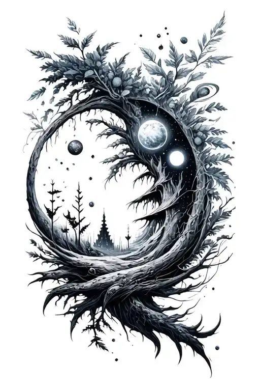 A cosmic symphony merging with nature elements tattoo design idea