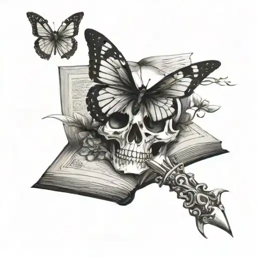 dagger piercing top of skull over a book with monarch butterfly  tattoo design idea