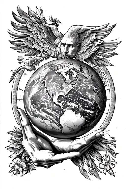 Greek mythology banner, atlas holding a minimalist earth. Full sleeve arm tattoo design idea
