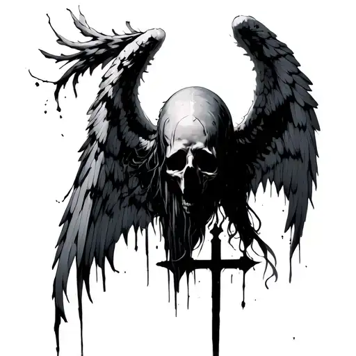 Headless fallen angel, dark fantasy anime, cross instead of head, tattered wings, gothic tattoo design idea