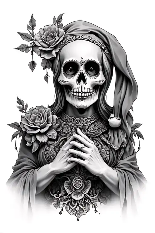 complex well detailed realism style santa muerte tattoo design idea