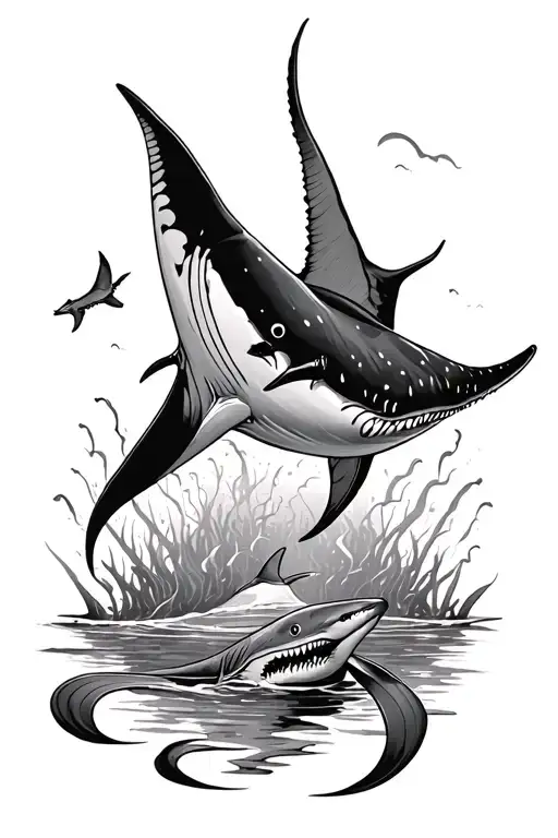 Make me a tattoo design that has a manta ray as its base, a whale shark for its tail, and hammer head shark as its wings tattoo design idea