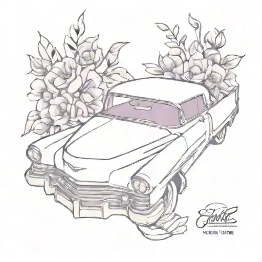 purple cadillac coupe devill with flowers surrounding tattoo design idea