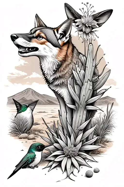 desert scene with a coyote, hummingbird and catus tattoo design idea