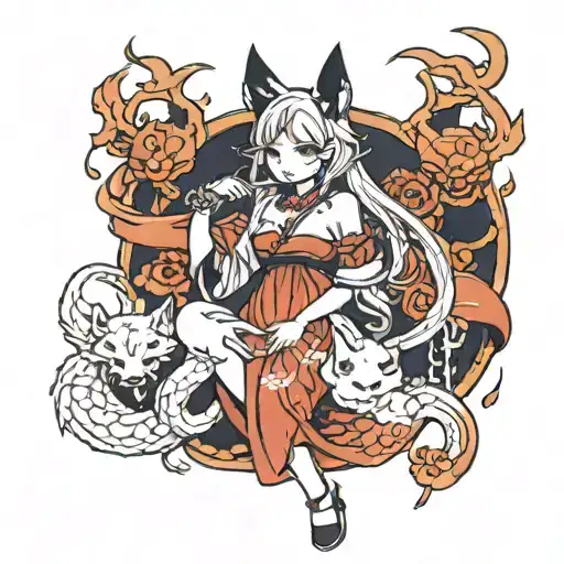 kitsune in a long dress holding an oni mask tattoo design idea