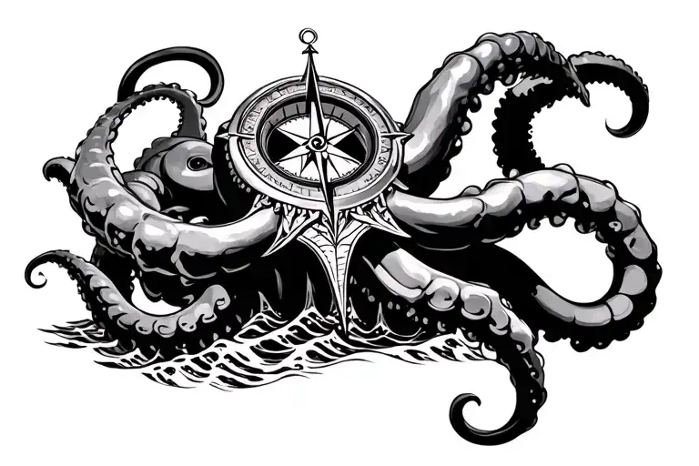 kracken with tentacles, a nautical compass and waves tattoo design idea