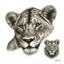 lioness and 2 cubs. rose and sunflower. Mandela style tattoo tattoo design idea