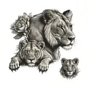lioness and 2 cubs. rose and sunflower. Mandela style tattoo tattoo design idea