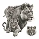 lioness and 2 cubs. rose and sunflower. Mandela style tattoo tattoo design idea