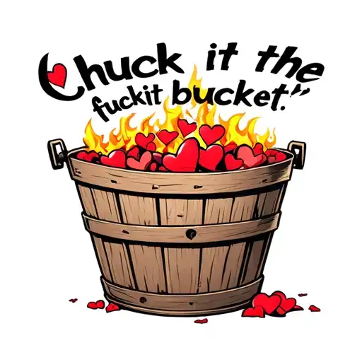 "Chuck it inthe fuckit bucket " "Chuck it inthe fuckit bucket " wooden bucket filled with broken hearts on fire inside tattoo design idea
