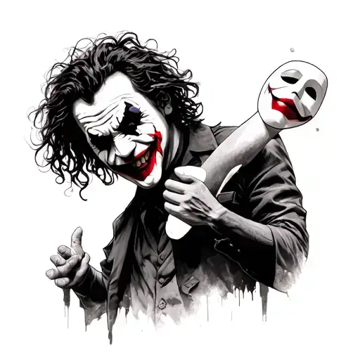 the joker Heath Ledger holding a serious mask in his hand, and he laughs tattoo design idea